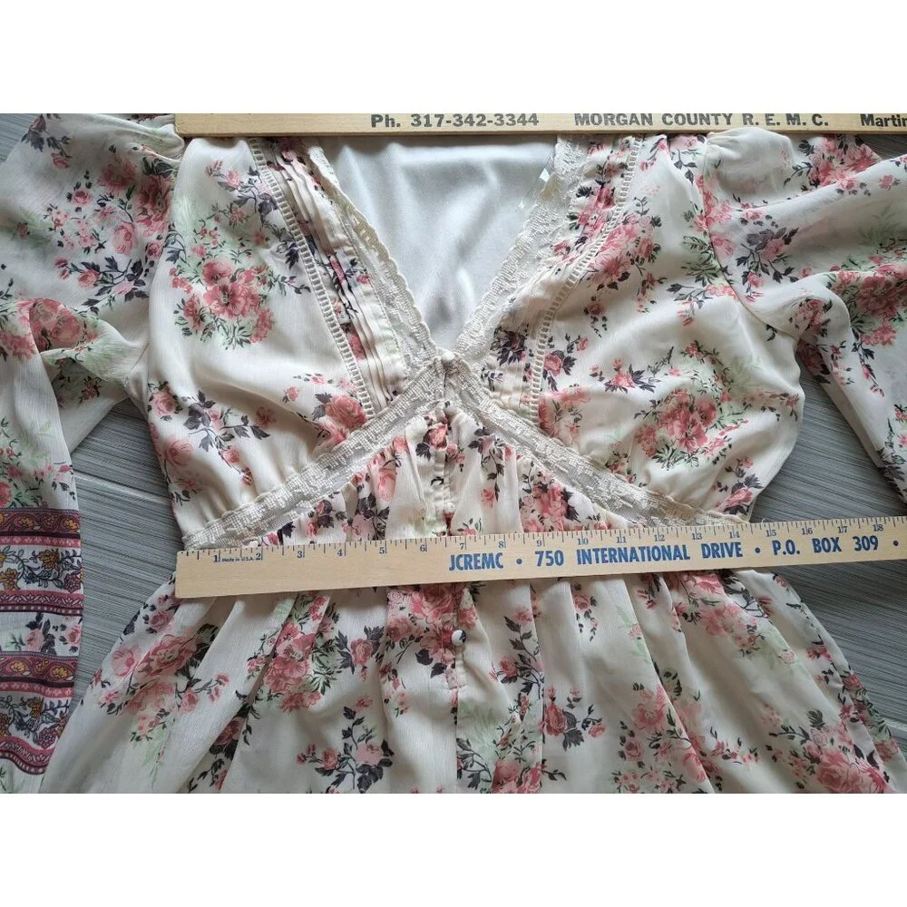 Penelope Rose Floral Maxi Dress XL Lace Trimmed Boho Long Sleeve Tiered Buttons - Picture 8 of 12